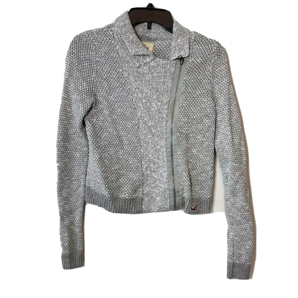 HOLLISTER Asymmetrical Full Zip Sweater Womens XS Gray Cable Knit Collared